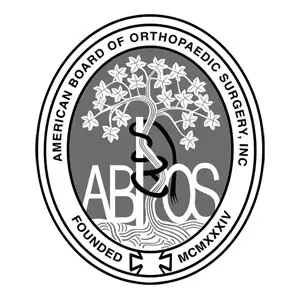 American Board of Orthopaedic Surgery (ABOS) certification seal — circular emblem with oak tree, caduceus, and founding year MCMXXXIV displayed in greyscale