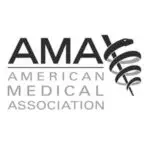 American Medical Association (AMA) logo — bold AMA wordmark with serpent staff emblem and full organization name displayed in greyscale