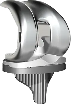 Stryker Triathlon total knee replacement system — anterior view showing polished cobalt-chrome femoral component, polyethylene tibial insert, and ribbed tibial stem on black background