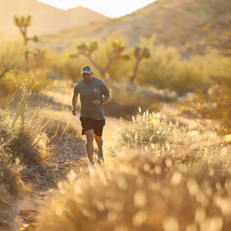 Active middle-aged man trail running through a golden desert landscape at sunset, representing restored strength and mobility after joint replacement surgery