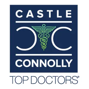 Castle Connolly Top Doctors badge — nationally recognized physician excellence award featuring double caduceus emblem in navy blue and green on white background