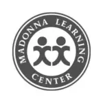 Madonna Learning Center logo — circular emblem with two figures and a heart, displayed in grey on white background