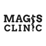 Magis Clinic logo — bold wordmark with caduceus medical symbol integrated into the letterform, displayed in black on white background