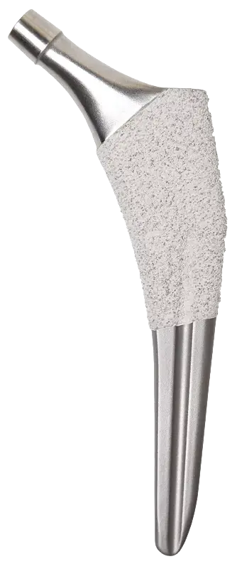 Here are the alt tag and description for this image: Alt Tag: Stryker Accolade hip stem implant — tapered wedge femoral stem with porous titanium proximal coating and fluted polished distal stem.