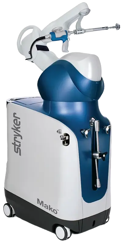 Here are the alt tag and description for this image: Stryker Mako robotic surgical system — freestanding robotic arm unit with surgical handpiece in white and blue.