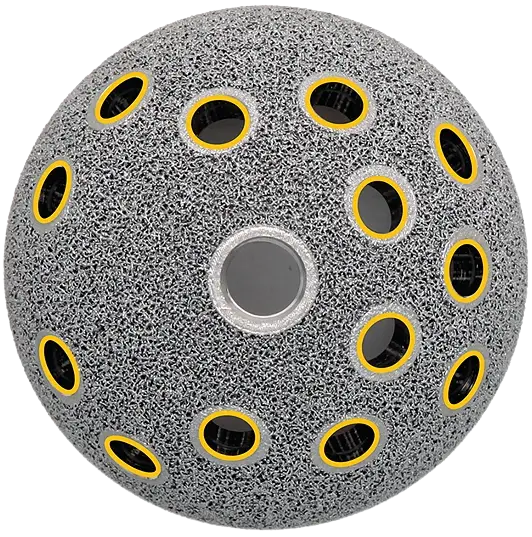 Stryker Trident II acetabular cup shell — top-down view of porous titanium hemispherical hip implant with multiple screw holes highlighted in gold on transparent background