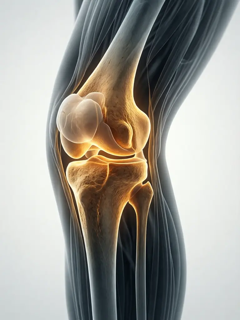 3D medical illustration of the human knee joint showing femur, tibia, patella, and cartilage with a warm glowing highlight against a transparent soft tissue overlay