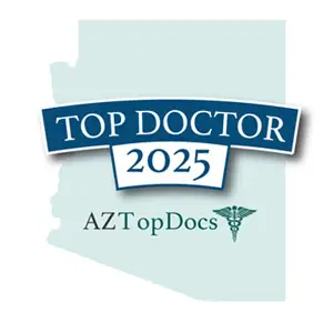 AZTopDocs Top Doctor 2025 badge — physician recognition award displayed over an Arizona state outline graphic in blue and mint green