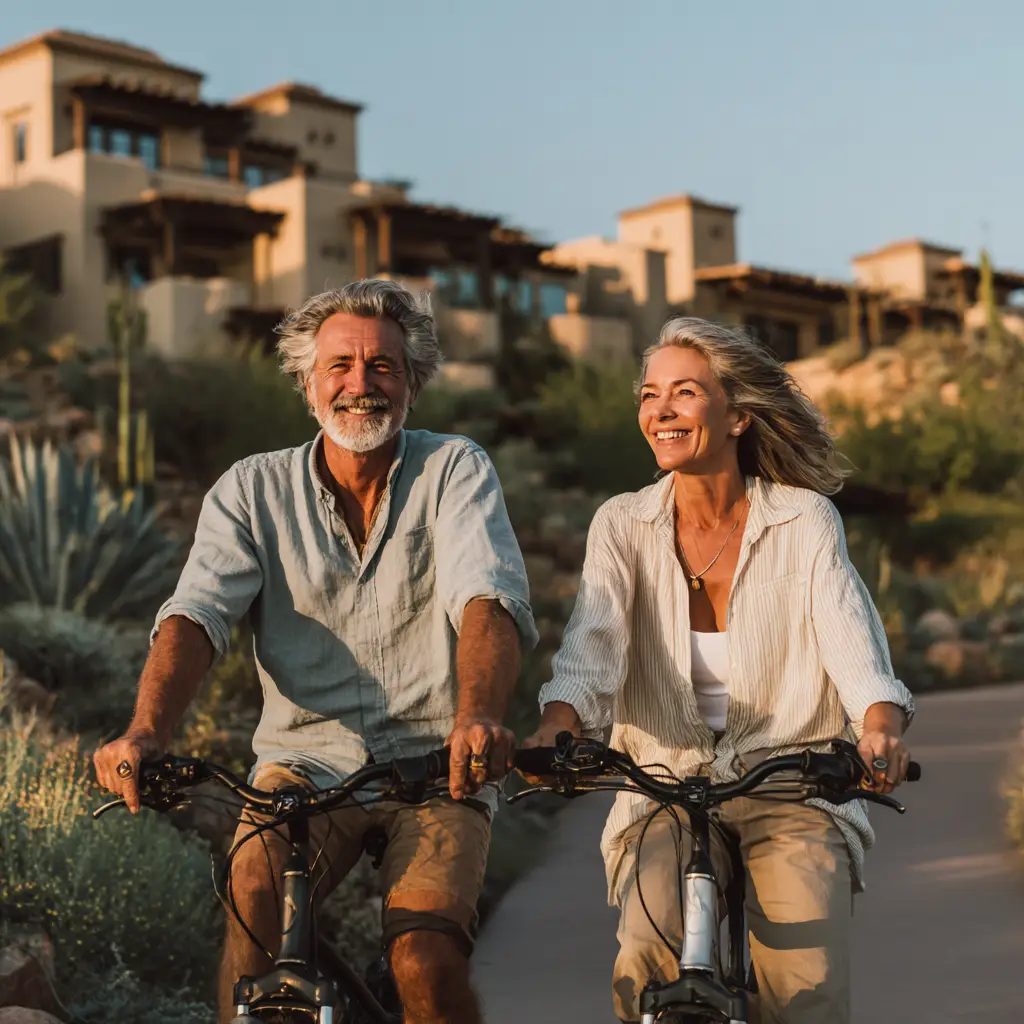 Active older couple riding bicycles together outdoors in a sunny desert community setting, smiling and enjoying an active lifestyle