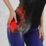 Hip pain illustration — person holding their hip with x-ray overlay showing the hip joint highlighted in red to indicate pain or arthritis
