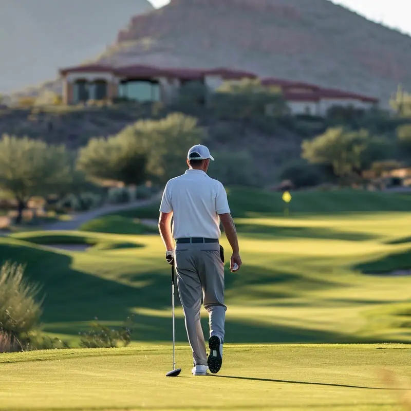 Man walking a Scottsdale Arizona desert golf course fairway toward the pin, representing an active lifestyle after joint replacement surgery