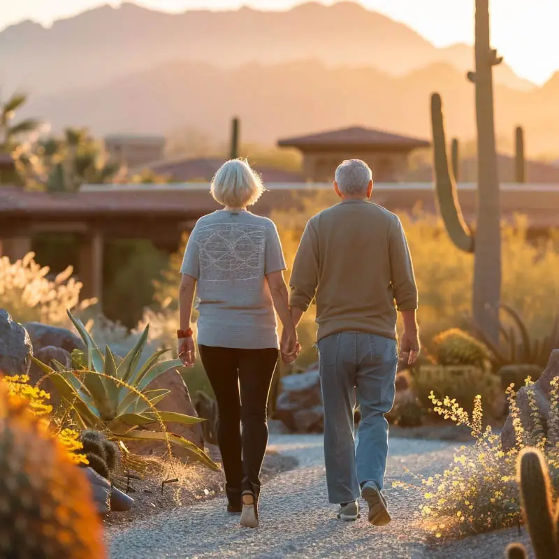 Senior couple walking hand in hand through a Scottsdale Arizona desert garden at sunset, representing pain-free mobility after hip or knee replacement surgery with Dr. Brandon Gough