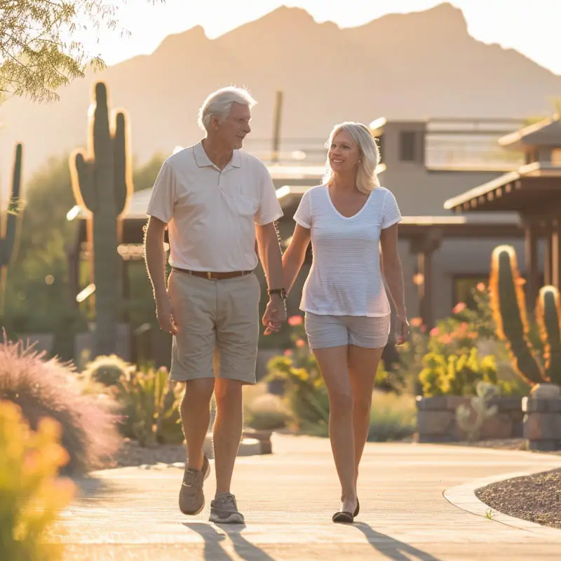 Older couple walking together through a Scottsdale Arizona desert neighborhood at golden hour, representing pain-free mobility after hip or knee replacement surgery with Dr. Brandon Gough