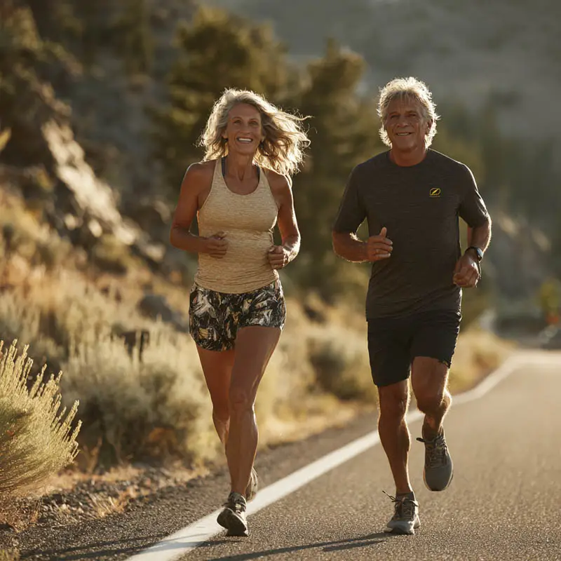 Active older couple jogging together on a sunny Arizona desert road, representing the return to an active lifestyle after hip or knee replacement surgery with Dr. Brandon Gough